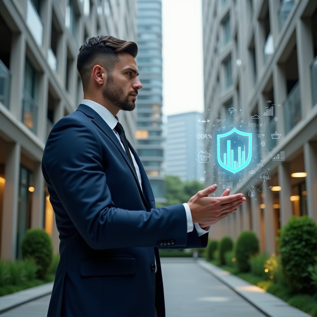 Ultra-realistic condominium manager in a tailored navy suit, set in a modern luxury condominium environment with high-rise buildings and manicured green landscaping, thoughtfully reviewing holographic financial charts and a floating shield icon symbolizing fraud prevention and internal controls, cinematic lighting, shallow depth of field, highly detailed textures, realistic skin, photographic realism, 8k resolution --ar 1:1 --v 6