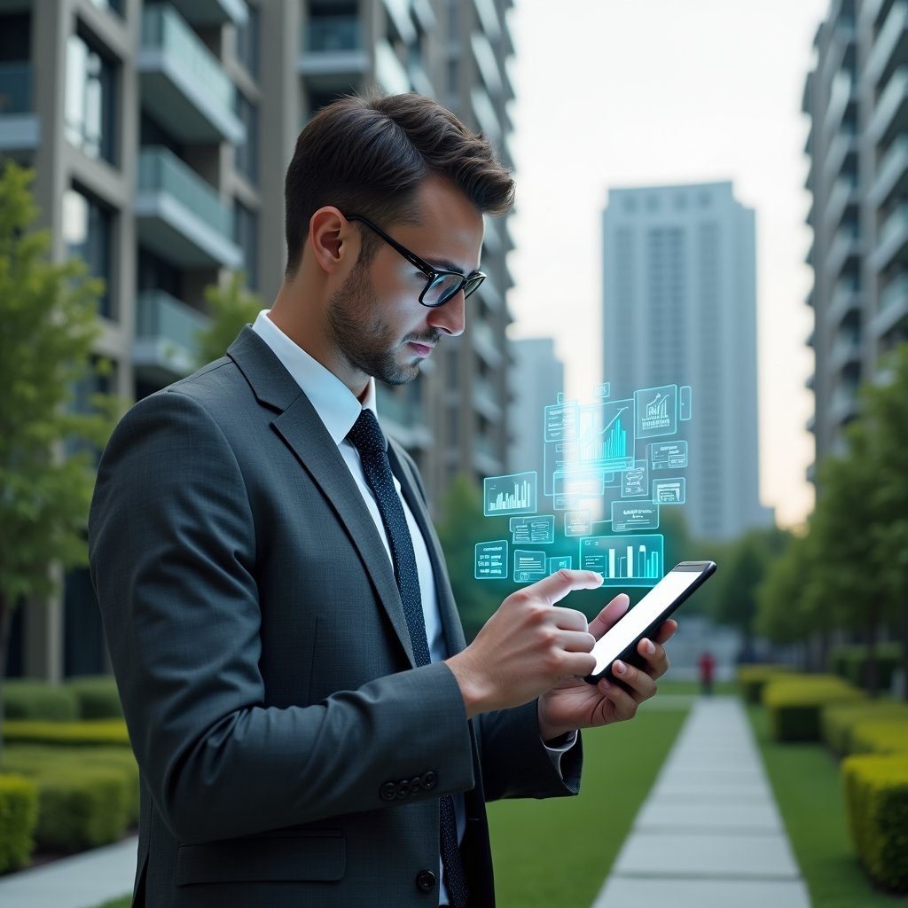 Ultra-realistic condominium manager in a charcoal gray executive suit, set in a modern luxury condominium environment with high-rise buildings and manicured green landscaping, holding a smartphone projecting a holographic interface of financial charts, document icons and chat bubbles, confidently analyzing digital data, cinematic lighting, shallow depth of field, highly detailed textures, realistic skin, photographic realism, 8k resolution --ar 1:1 --v 6