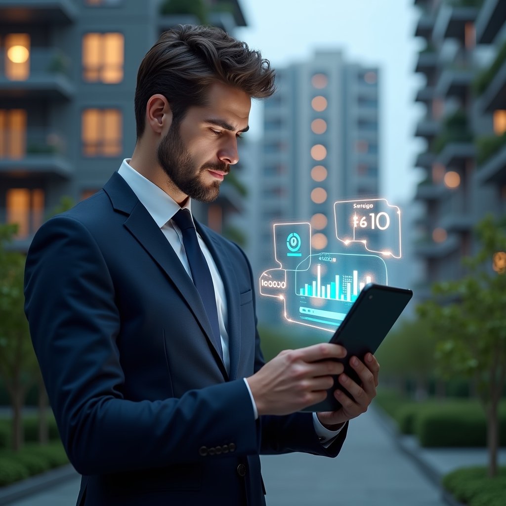 (Ultra-realistic condominium manager in a navy suit, set in a modern luxury condominium environment with high-rise buildings and green landscaping, holding a tablet and thoughtfully examining a holographic app interface displaying charts and notifications, glowing hologram icons of a free management app floating beside them, cinematic lighting, shallow depth of field, highly detailed textures, realistic skin, photographic realism, 8k resolution --ar 1:1 --v 6)