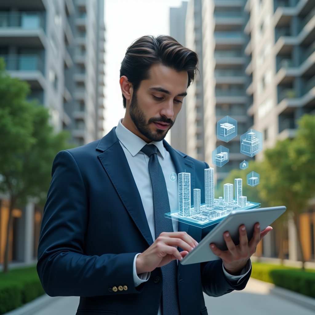 (Ultra-realistic condominium manager in a navy executive suit, set in a modern luxury condominium environment with high-rise buildings and manicured green landscaping, holding a transparent tablet displaying a holographic condo management app interface, studying the screen with a confident, analytical expression, floating icons of charts and building layouts around the device, cinematic lighting, shallow depth of field, highly detailed textures, realistic skin, photographic realism, 8k resolution --ar 1:1 --v 6)