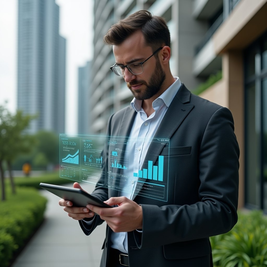 Ultra-realistic condominium manager in a charcoal suit, set in a modern luxury condominium environment with high-rise buildings and lush green landscaping, holding a tablet displaying a holographic dashboard of icons and graphs, confidently analyzing the interface to evaluate key management criteria, cinematic lighting, shallow depth of field, highly detailed textures, realistic skin, photographic realism, 8k resolution --ar 1:1 --v 6