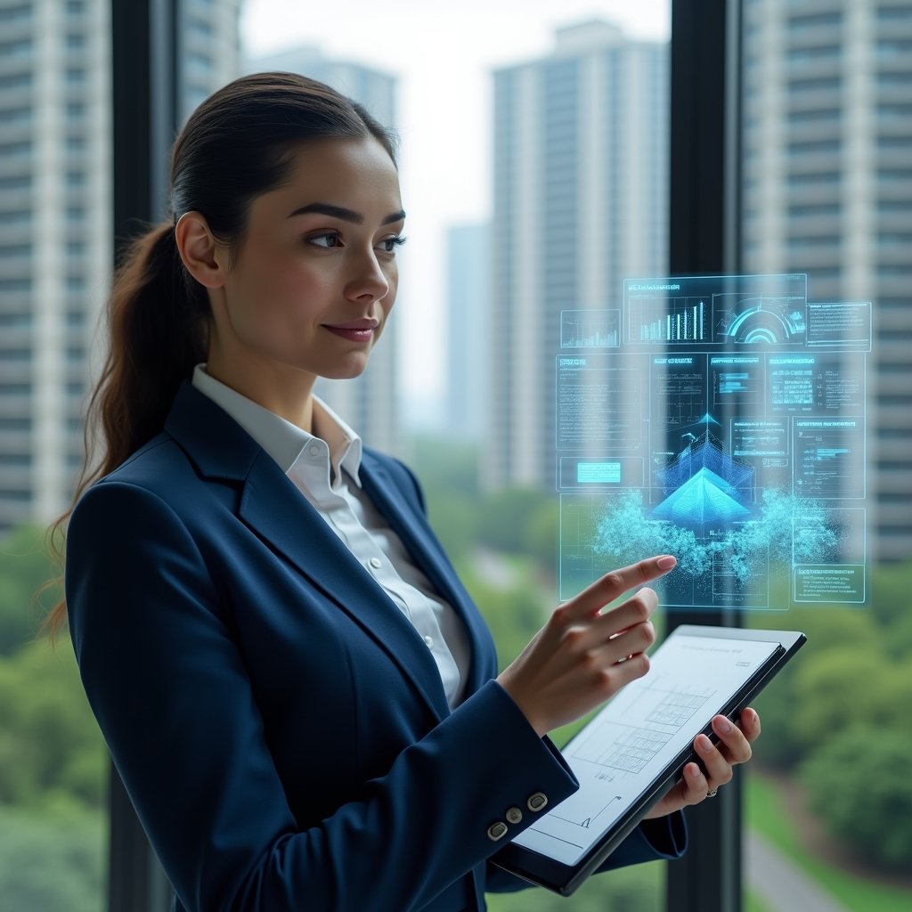 Ultra-realistic condominium manager in a navy blue executive suit, set in a modern luxury condominium environment with high-rise buildings and meticulously landscaped green areas, medium close-up pose reviewing a futuristic holographic dashboard displaying governance charts and resident feedback icons, floating holographic building blueprints at her side, confident and focused expression, cinematic lighting, shallow depth of field, highly detailed textures, realistic skin, photographic realism, 8k resolution --ar 1:1 --v 6