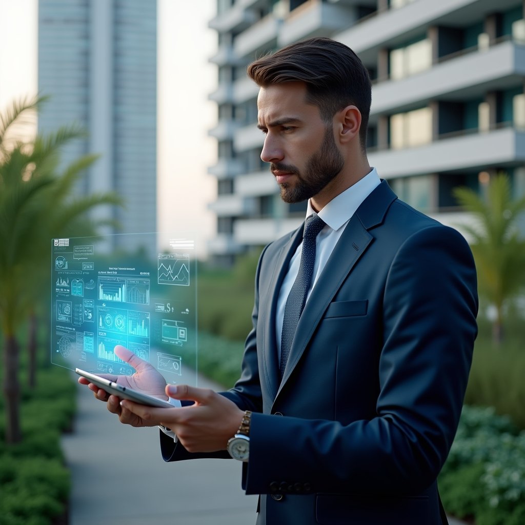 (Ultra-realistic condominium manager in a tailored navy suit, set in a modern luxury condominium environment with high-rise buildings and lush green landscaping, confidently analyzing holographic financial reports, floating digital charts of revenues and expenses beside them, cinematic lighting, shallow depth of field, highly detailed textures, realistic skin, photographic realism, 8k resolution --ar 1:1 --v 6)