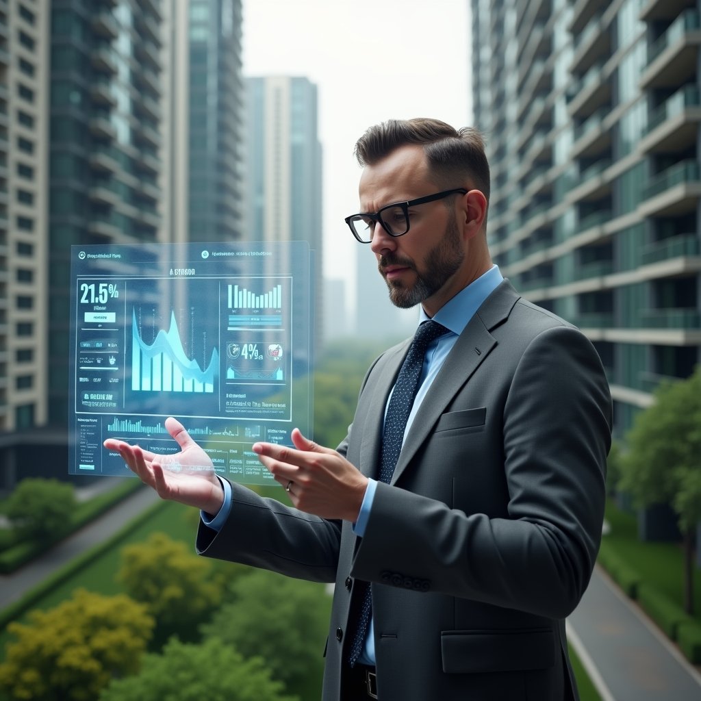 Ultra-realistic condominium manager in a charcoal gray executive suit, set in a modern luxury condominium environment with high-rise buildings and lush green landscaping, analyzing a floating holographic expense dashboard with charts and icons representing automated payments, confident and focused expression, cinematic lighting, shallow depth of field, highly detailed textures, realistic skin, photographic realism, 8k resolution --ar 1:1 --v 6