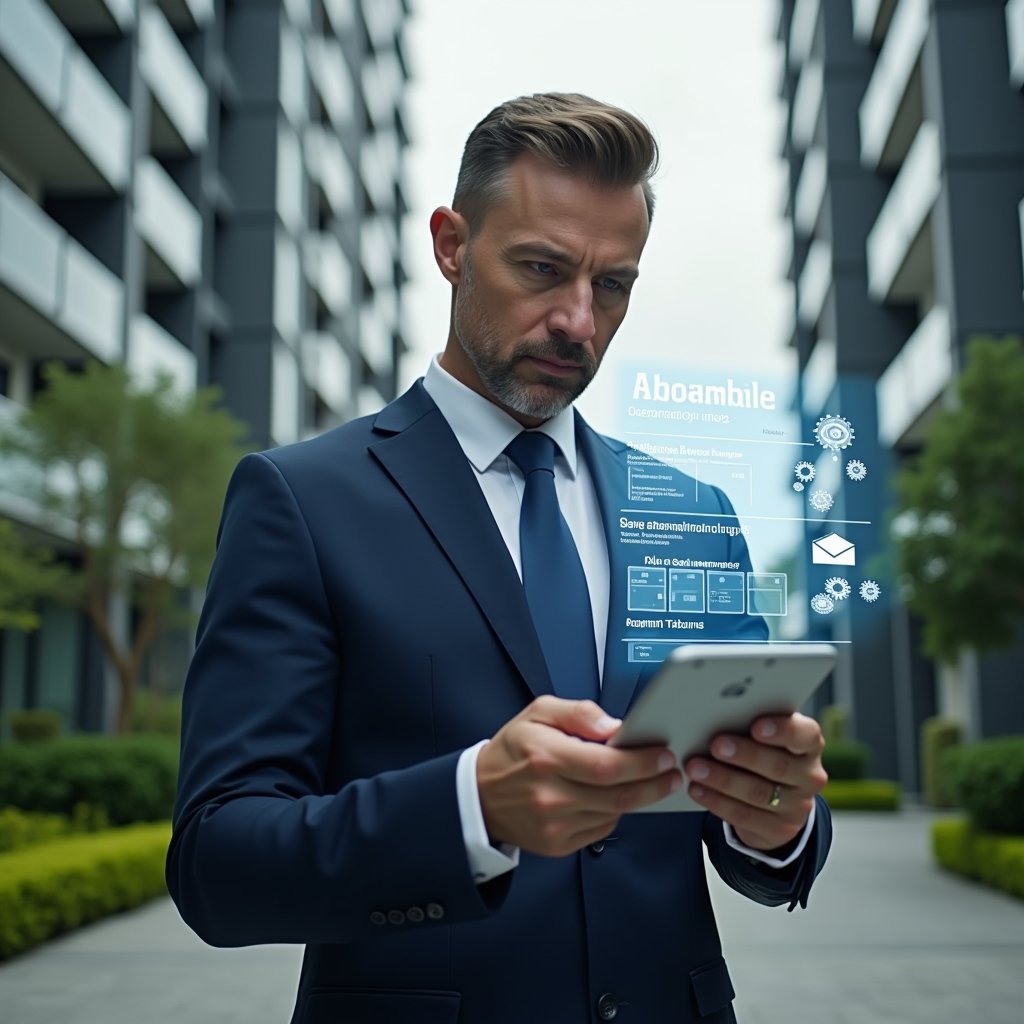 (Ultra-realistic condominium manager in a navy suit, set in a modern luxury condominium environment with high-rise buildings and manicured green landscaping, examining a floating holographic checklist of maintenance tasks and assembly schedules, surrounded by translucent calendar and gears icons, confident and focused expression, cinematic lighting, shallow depth of field, highly detailed textures, realistic skin, photographic realism, 8k resolution --ar 1:1 --v 6)