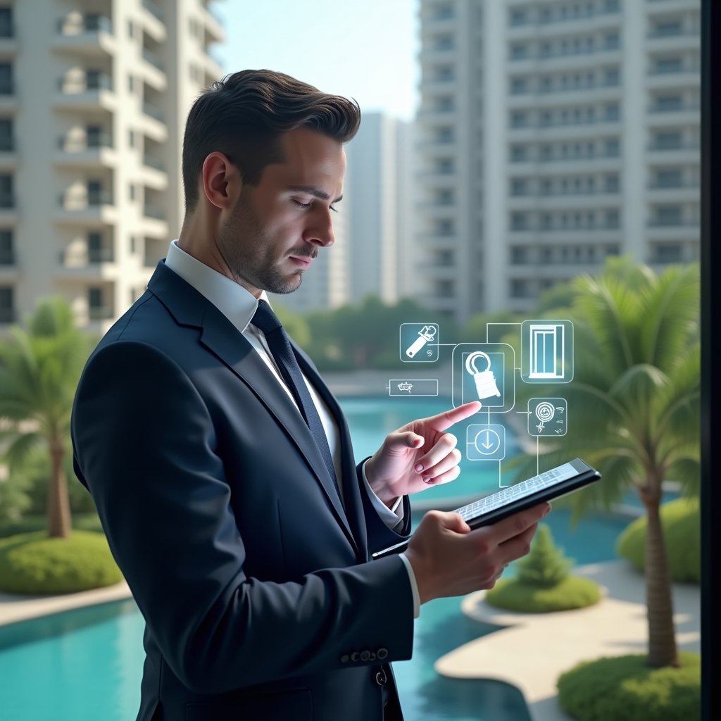 Ultra-realistic condominium manager in a navy business suit, set in a modern luxury condominium environment with high-rise buildings and lush green landscaping, holding a digital tablet and pointing to a holographic maintenance checklist, surrounded by floating icons of an elevator, swimming pool and gardening tools, cinematic lighting, shallow depth of field, highly detailed textures, realistic skin, photographic realism, 8k resolution --ar 1:1 --v 6