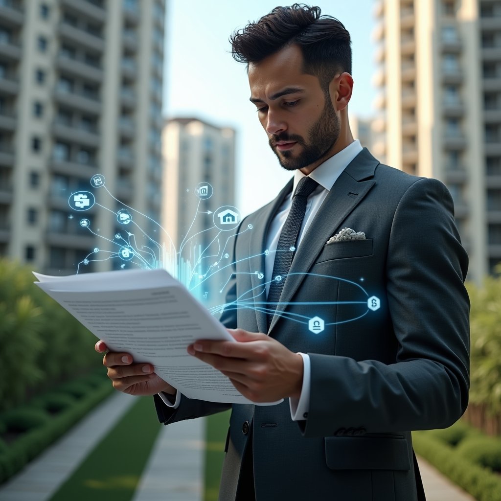 Ultra-realistic condominium manager in a charcoal gray suit, set in a modern luxury condominium environment with high-rise buildings and meticulously landscaped gardens, reviewing a floating holographic checklist of financial documents, holographic icons of invoices and graphs hovering nearby, focused and confident expression, cinematic lighting, shallow depth of field, highly detailed textures, realistic skin, photographic realism, 8k resolution --ar 1:1 --v 6