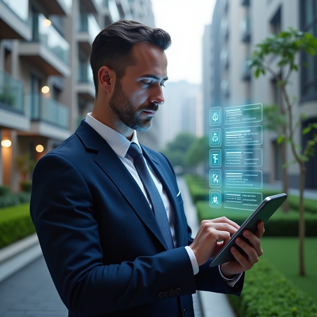 Ultra-realistic property manager in a dark blue tailored suit, set in a modern luxury condominium environment with high-rise buildings and manicured green landscaping, holding a tablet displaying a holographic maintenance checklist and calendar icons, confidently reviewing tasks, cinematic lighting, shallow depth of field, highly detailed textures, realistic skin, photographic realism, 8k resolution --ar 1:1 --v 6