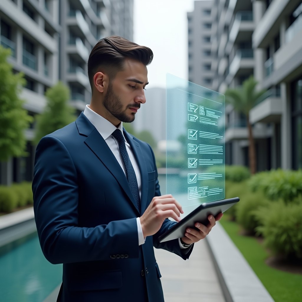 Ultra-realistic property manager in a navy blue suit, set in a modern luxury condominium environment with high-rise buildings and lush green landscaping, examining a floating holographic checklist projected from a tablet, focused and confident expression, cinematic lighting, shallow depth of field, highly detailed textures, realistic skin, photographic realism, 8k resolution --ar 1:1 --v 6