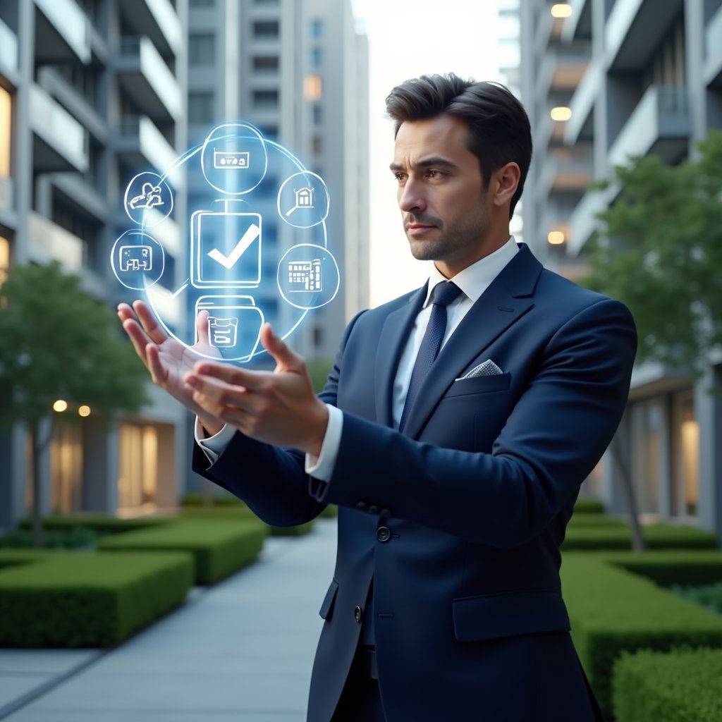 (Ultra-realistic condominium manager in a navy executive suit, set in a modern luxury condominium environment with high-rise buildings and manicured green landscaping, holding and reviewing a floating holographic checklist and calendar icons representing cleaning, maintenance and assembly tasks, confident and focused expression, cinematic lighting, shallow depth of field, highly detailed textures, realistic skin, photographic realism, 8k resolution --ar 1:1 --v 6)