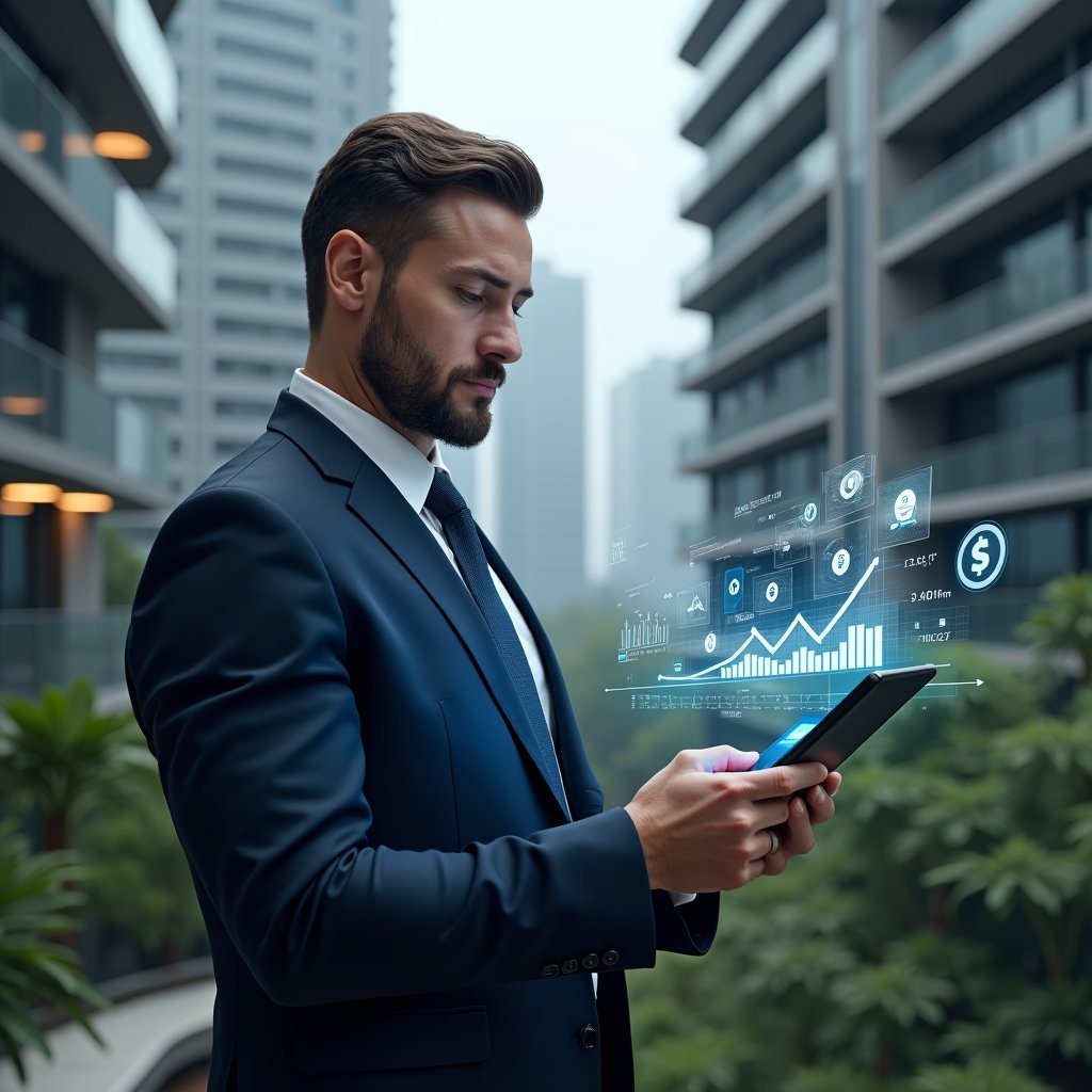 Ultra-realistic property manager in a dark blue suit, set in a modern luxury condominium environment with high-rise buildings and green landscaping, examining a holographic financial report with charts and graphs projected above a tablet, confident and focused expression, holographic icons of coins and ledgers floating around, cinematic lighting, shallow depth of field, highly detailed textures, realistic skin, photographic realism, 8k resolution --ar 1:1 --v 6