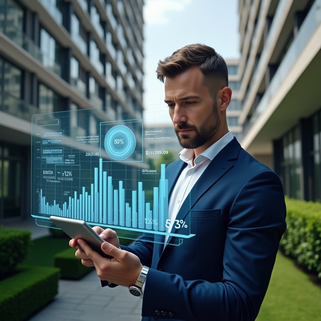 (Ultra-realistic condominium manager in a navy blue suit, set in a modern luxury condominium environment with high-rise buildings and manicured green landscaping, reviewing holographic financial charts projected from a tablet, floating budget and expense graphs surrounding them, confident and focused expression, cinematic lighting, shallow depth of field, highly detailed textures, realistic skin, photographic realism, 8k resolution --ar 1:1 --v 6)