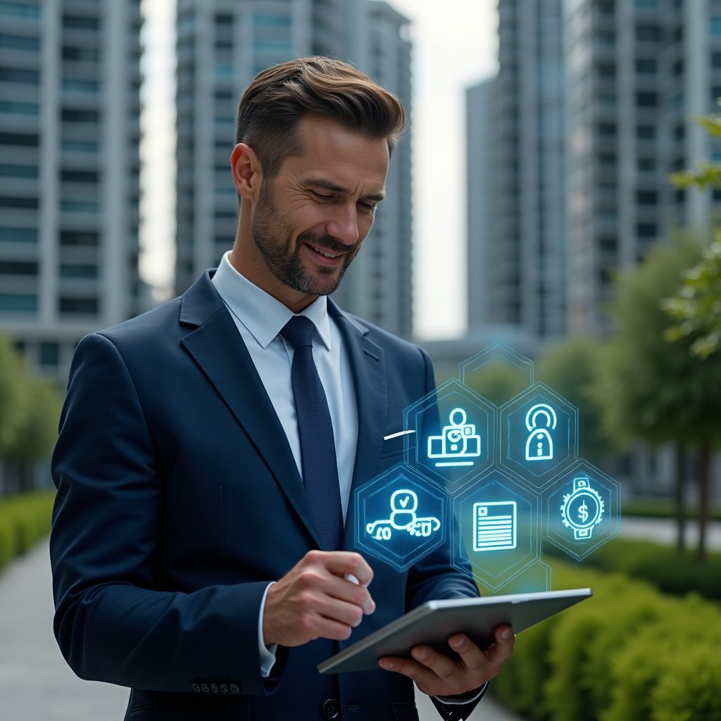 (Ultra-realistic condominium manager in a tailored navy suit, set in a modern luxury condominium environment with high-rise buildings and manicured green landscaping, holding a tablet displaying holographic icons of financial automation, access control, real-time chat, space booking and data analytics, confidently analyzing the interface with a slight smile, cinematic lighting, shallow depth of field, highly detailed textures, realistic skin, photographic realism, 8k resolution --ar 1:1 --v 6)