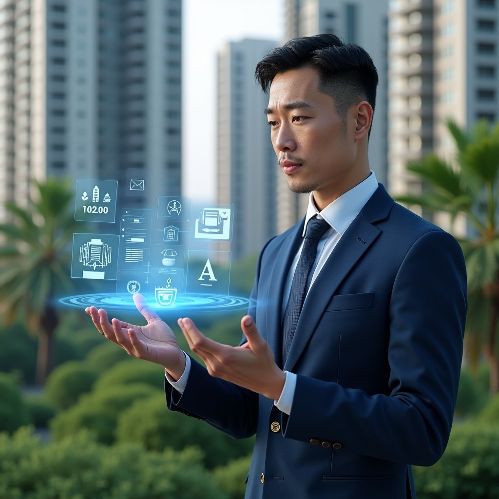 Ultra-realistic condominium property manager in a navy blue suit, set in a modern luxury condominium environment with high-rise buildings and lush green landscaping, interacting with a floating holographic interface displaying icons for finance, space booking, messaging, maintenance and analytics, confident and focused expression, cinematic lighting, shallow depth of field, highly detailed textures, realistic skin, photographic realism, 8k resolution --ar 1:1 --v 6