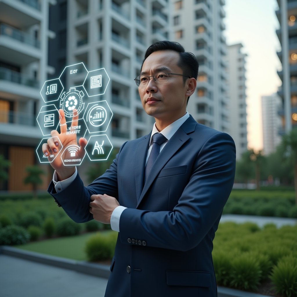 (Ultra-realistic condominium manager in a navy executive suit, set in a modern luxury condominium environment with high-rise buildings and lush green landscaping, interacting with a floating holographic interface displaying icons for finance, communication, maintenance, reservations and documents, confident and focused expression, cinematic lighting, shallow depth of field, highly detailed textures, realistic skin, photographic realism, 8k resolution --ar 1:1 --v 6)