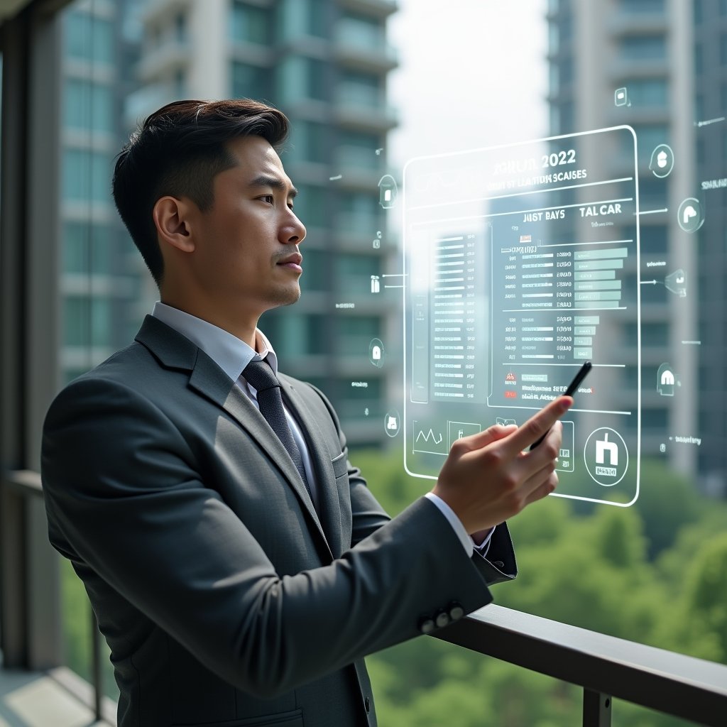 Ultra-realistic condominium manager in a charcoal gray suit, set in a modern luxury condominium environment with high-rise buildings and lush green landscaping, examining a floating holographic dashboard of financial charts, reservation calendars and chat icons, confident and focused expression, symbolic translucent app interface elements around them, cinematic lighting, shallow depth of field, highly detailed textures, realistic skin, photographic realism, 8k resolution --ar 1:1 --v 6