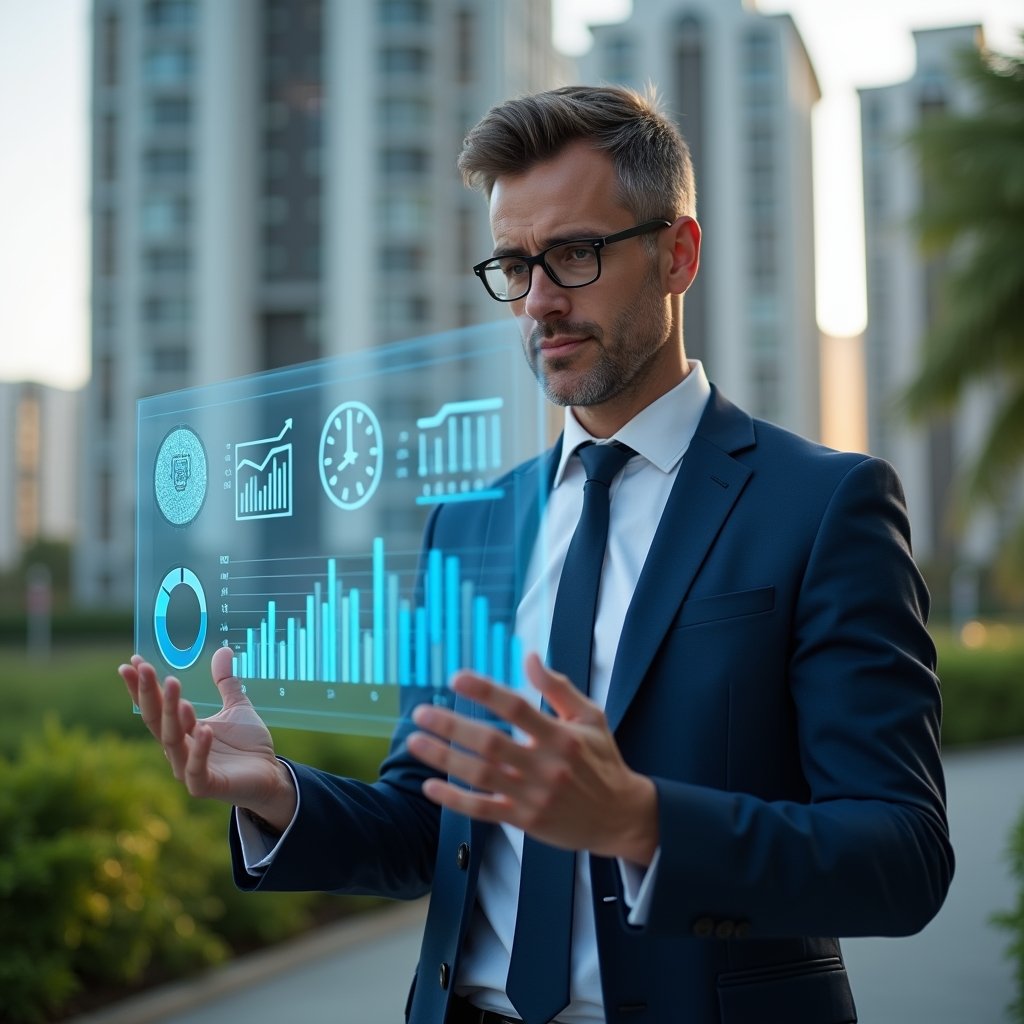 Ultra-realistic condominium manager in a navy blue executive suit, set in a modern luxury condominium environment with high-rise buildings and meticulously landscaped greenery, reviewing floating holographic data charts representing five key performance indicators, confident and focused expression, cinematic lighting, shallow depth of field, highly detailed textures, realistic skin, photographic realism, 8k resolution --ar 1:1 --v 6