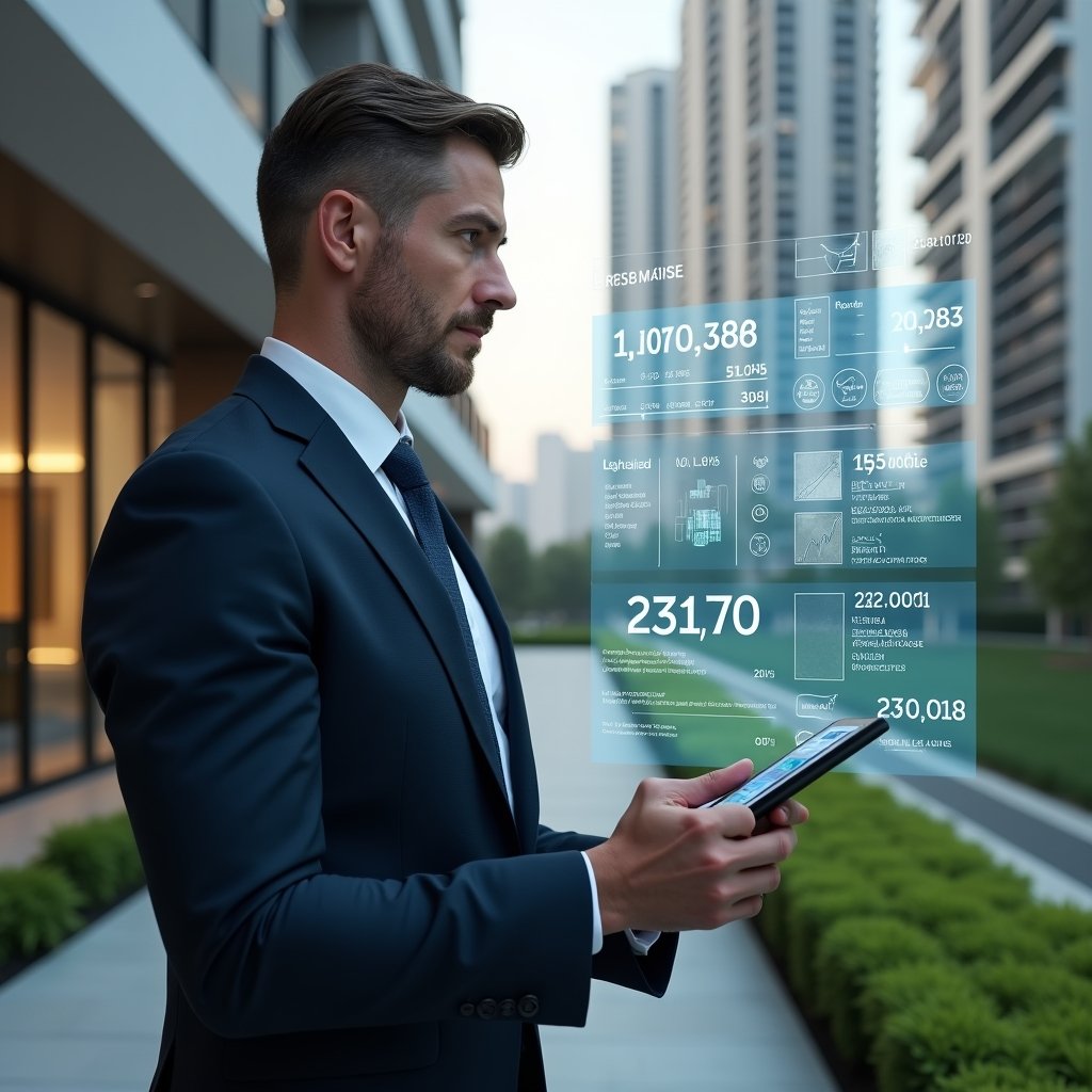 Ultra-realistic property manager in a dark navy suit, standing in a modern luxury condominium environment with high-rise buildings and manicured green landscaping, reviewing a transparent holographic financial dashboard displaying cost-saving metrics and repair schedules, confident and focused expression, cinematic lighting, shallow depth of field, highly detailed textures, realistic skin, photographic realism, 8k resolution --ar 1:1 --v 6