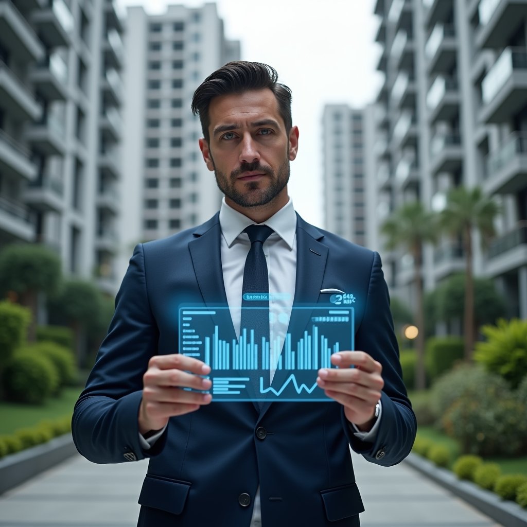Ultra-realistic condominium manager in a navy blue suit, set in a modern luxury condominium environment with high-rise buildings and manicured green landscaping, mid shot of a confident professional reviewing holographic financial charts representing transparent accounting, floating holographic bar and pie charts, cinematic lighting, shallow depth of field, highly detailed textures, realistic skin, photographic realism, 8k resolution --ar 1:1 --v 6