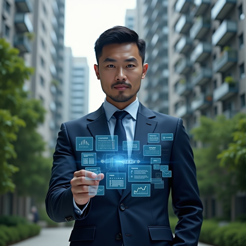 Ultra-realistic condominium manager in a dark blue suit, set in a modern luxury condominium environment with high-rise buildings and lush green landscaping, holding a semi-transparent holographic interface displaying chat bubbles, finance charts, maintenance schedules, booking calendars and analytics graphs, confident expression, cinematic lighting, shallow depth of field, highly detailed textures, realistic skin, photographic realism, 8k resolution --ar 1:1 --v 6