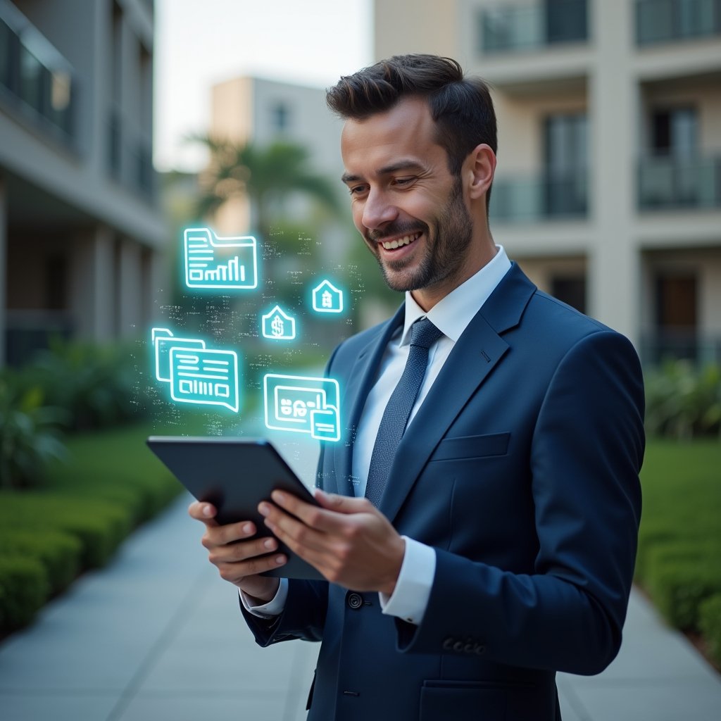 (Ultra-realistic condominium manager in a tailored navy blue suit, set in a modern luxury condominium environment with high-rise buildings and manicured green landscaping, holding a digital tablet displaying holographic invoices and payment icons, confidently analyzing automated billing data, floating icons of boletos and cash flow graphs around them, cinematic lighting, shallow depth of field, highly detailed textures, realistic skin, photographic realism, 8k resolution --ar 1:1 --v 6)