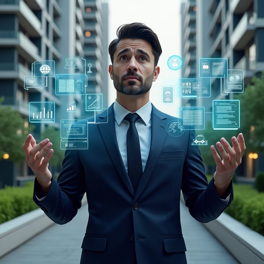 (Ultra-realistic condominium manager in a dark blue suit, set in a modern luxury condominium environment with high-rise buildings and green landscaping, examining a holographic user interface that displays outdated app icons on one side and modern dashboards on the other, expression thoughtful and determined, holographic charts and warning symbols floating around, cinematic lighting, shallow depth of field, highly detailed textures, realistic skin, photographic realism, 8k resolution --ar 1:1 --v 6)