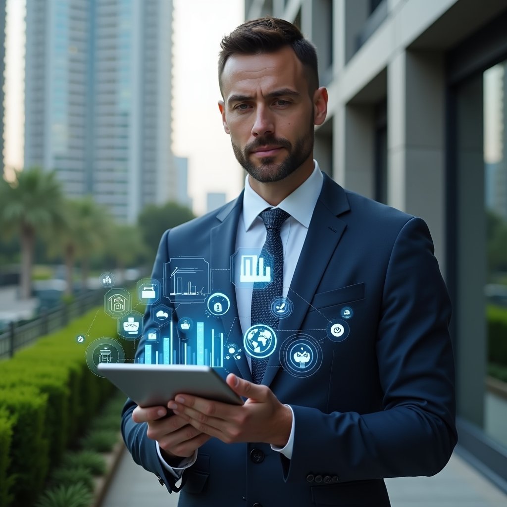 (Ultra-realistic condominium manager in a tailored navy suit, set in a modern luxury condominium environment with high-rise buildings and manicured green landscaping, holding a tablet projecting holographic financial charts and icons to illustrate centralized data management and streamlined processes, looking confident and focused as they review digital reports, cinematic lighting, shallow depth of field, highly detailed textures, realistic skin, photographic realism, 8k resolution --ar 1:1 --v 6)