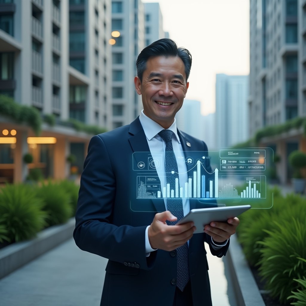 (Ultra-realistic condominium manager in a navy executive suit, set in a modern luxury condominium environment with high-rise buildings and lush green landscaping, medium shot of a confident professional holding a tablet projecting a transparent holographic financial dashboard, floating icons of charts and ledgers symbolizing clear accounting, cinematic lighting, shallow depth of field, highly detailed textures, realistic skin, photographic realism, 8k resolution --ar 1:1 --v 6)