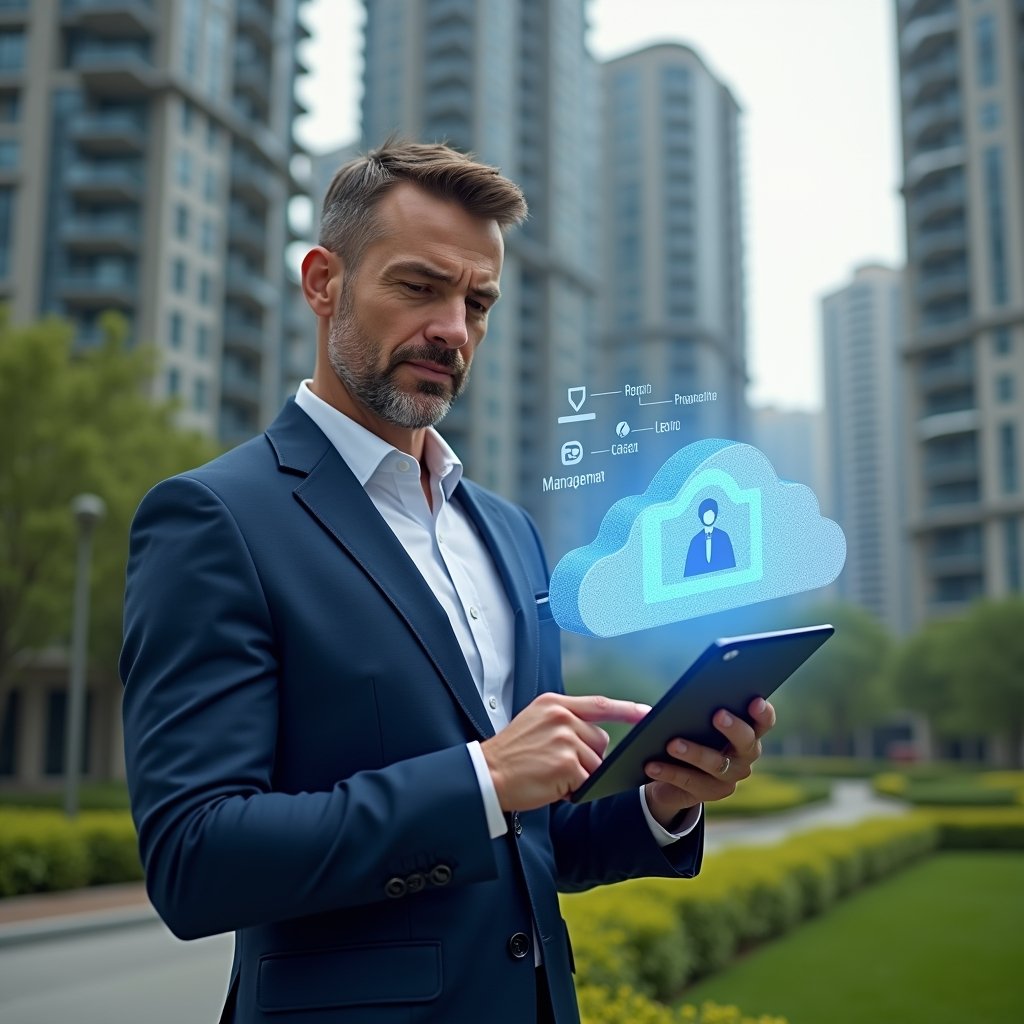 Ultra-realistic property manager in a navy blue executive suit, set in a modern luxury condominium environment with high-rise buildings and lush green landscaping, holding a tablet displaying a holographic cloud-based management interface with icons for cost reduction, process optimization, and resident communication, confidently pointing at the floating hologram, cinematic lighting, shallow depth of field, highly detailed textures, realistic skin, photographic realism, 8k resolution --ar 1:1 --v 6