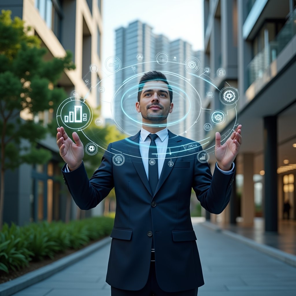 (Ultra-realistic condominium manager in a tailored navy suit, set in a modern luxury condominium environment with high-rise buildings and lush green landscaping, confidently interacting with a holographic building automation interface—floating icons of gears, energy graphs and smart sensors orbiting around, cinematic lighting, shallow depth of field, highly detailed textures, realistic skin, photographic realism, 8k resolution --ar 1:1 --v 6)