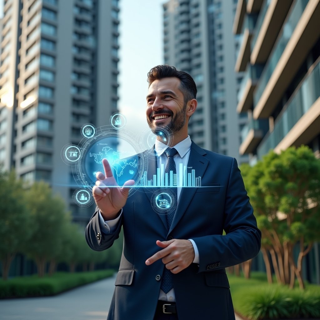Ultra-realistic condominium manager in a tailored navy suit, set in a modern luxury condominium environment with high-rise buildings and lush green landscaping, confidently interacting with a holographic interface displaying energy-consumption and cost-saving graphs, futuristic smart-building icons floating around, cinematic lighting, shallow depth of field, highly detailed textures, realistic skin, photographic realism, 8k resolution --ar 1:1 --v 6