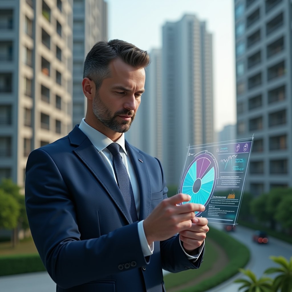 Ultra-realistic condominium manager in a navy blue suit, set in a modern luxury condominium environment with high-rise buildings and manicured green landscaping, examining a holographic financial pie chart with floating fraction overlays, confident and focused expression, cinematic lighting, shallow depth of field, highly detailed textures, realistic skin, photographic realism, 8k resolution --ar 1:1 --v 6