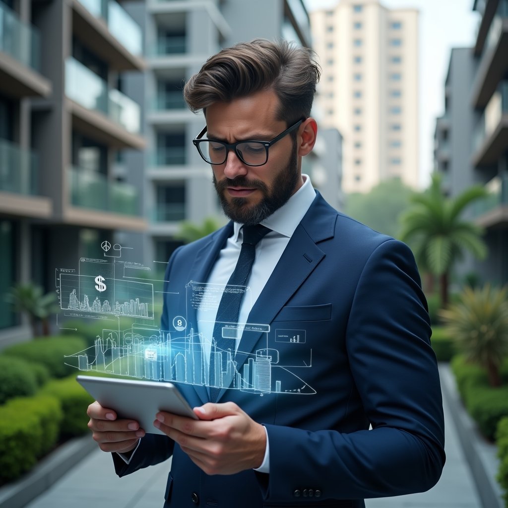 Ultra-realistic condominium manager in a navy blue suit, set in a modern luxury condominium environment with high-rise buildings and green landscaping, mid shot of a confident professional analyzing financial charts on a digital tablet, holographic budget graphs and money icons hovering around, cinematic lighting, shallow depth of field, highly detailed textures, realistic skin, photographic realism, 8k resolution --ar 1:1 --v 6