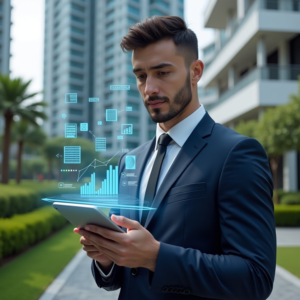 Ultra-realistic condominium manager in a dark blue executive suit, set in a modern luxury condominium environment with high-rise buildings and pristine green landscaping, medium shot of the manager holding a tablet and interacting with floating holographic financial charts and icons representing an aplicativo para condomínio and an aplicativo de gestão, confident and focused expression, cinematic lighting, shallow depth of field, highly detailed textures, realistic skin, photographic realism, 8k resolution --ar 1:1 --v 6