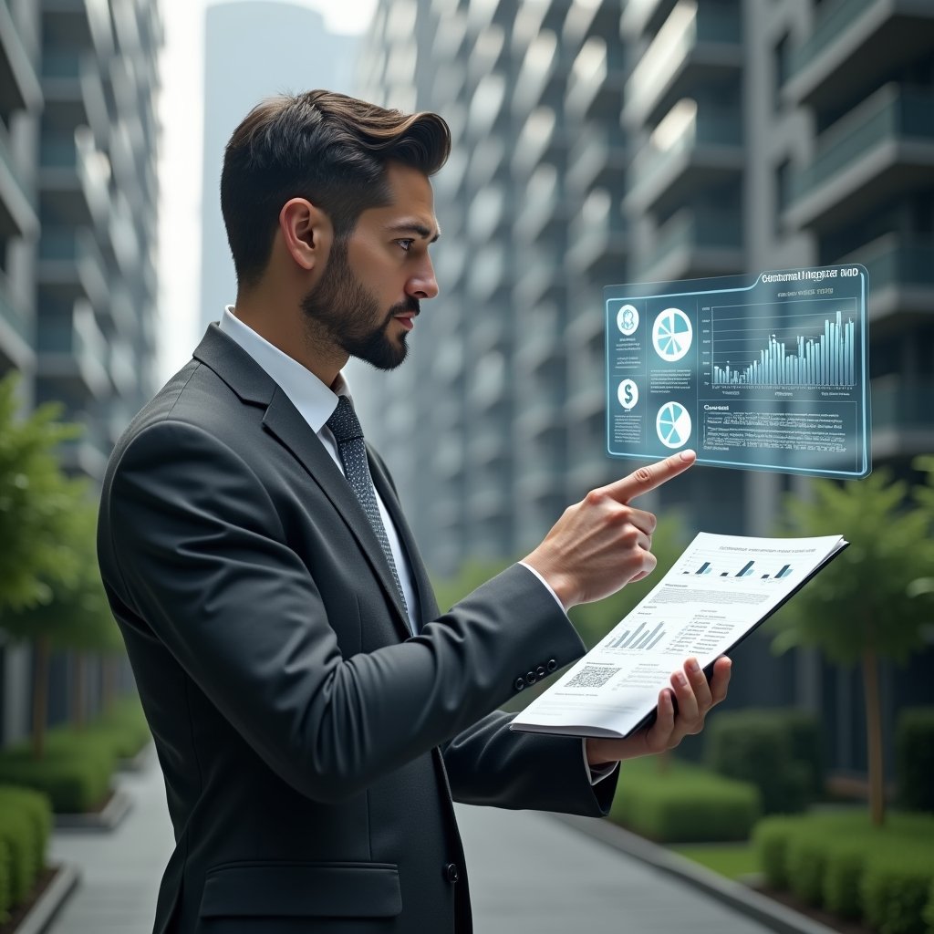 (Ultra-realistic condominium manager in a charcoal gray tailored suit, set in a modern luxury condominium environment with high-rise buildings and manicured green landscaping, holding a transparent holographic financial report and pointing at clear charts, confident and engaging expression, symbolic glowing pie chart and bar graph icons floating beside, cinematic lighting, shallow depth of field, highly detailed textures, realistic skin, photographic realism, 8k resolution --ar 1:1 --v 6)