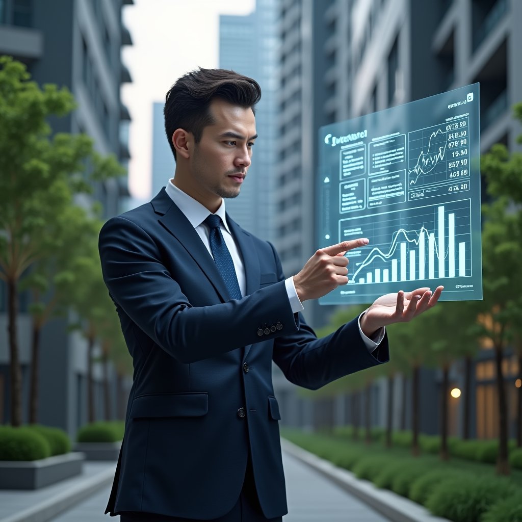(Ultra-realistic condominium manager in a tailored navy blue suit, set in a modern luxury condominium environment with high-rise buildings and meticulously landscaped green areas, analyzing and pointing at floating holographic financial charts and detailed reports, holographic graphs glowing to represent automated accounting, cinematic lighting, shallow depth of field, highly detailed textures, realistic skin, photographic realism, 8k resolution --ar 1:1 --v 6)