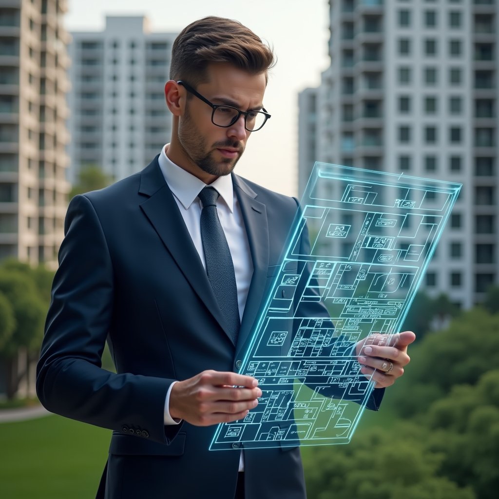(Ultra-realistic condominium manager in a tailored navy suit, set in a modern luxury condominium environment with high-rise buildings and manicured green landscaping, analyzing a holographic floor plan with fractional percentage overlays, confident and focused expression, cinematic lighting, shallow depth of field, highly detailed textures, realistic skin, photographic realism, 8k resolution --ar 1:1 --v 6)