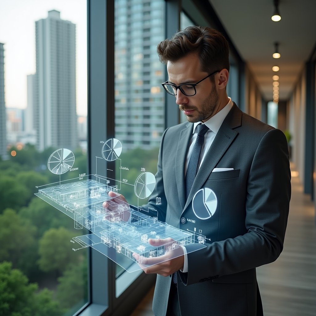 Ultra-realistic condominium manager in a charcoal gray suit, set in a modern luxury condominium environment with high-rise buildings and lush green landscaping, analyzing a holographic floor plan with fractional overlays and pie-chart projections, holographic icons of building units and percentage symbols floating around, confident and focused expression, cinematic lighting, shallow depth of field, highly detailed textures, realistic skin, photographic realism, 8k resolution --ar 1:1 --v 6