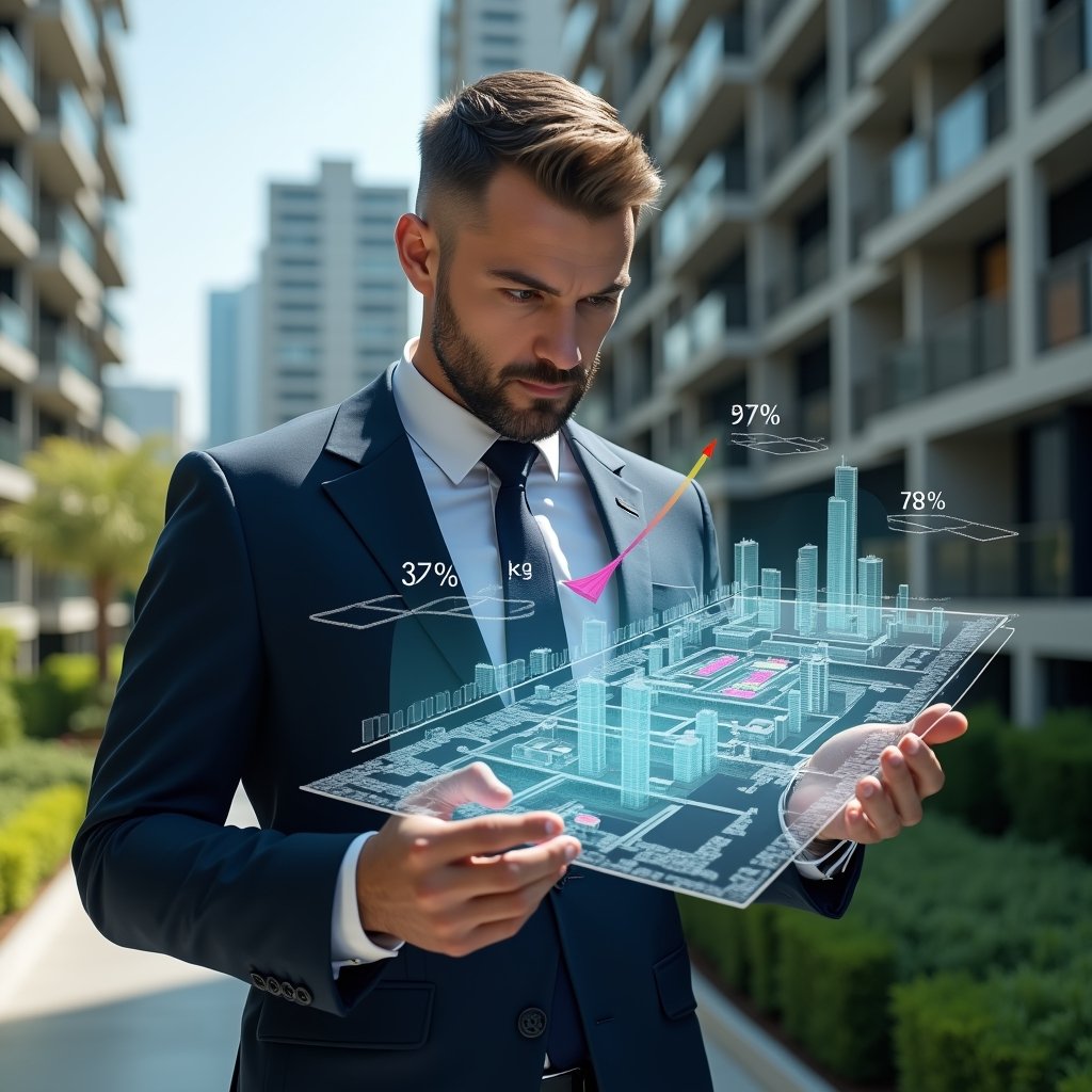 (Ultra-realistic condominium manager in a tailored navy suit, set in a modern luxury condominium environment with high-rise buildings and lush green landscaping, analyzing a holographic 3D floor plan displaying colored percentage overlays of unit fractions, floating icons of buildings and calculators, focused and confident expression, cinematic lighting, shallow depth of field, highly detailed textures, realistic skin, photographic realism, 8k resolution --ar 1:1 --v 6)