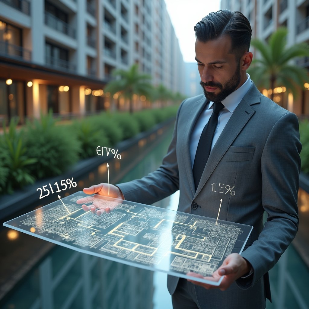 Ultra-realistic condominium manager in a tailored gray suit, set in a modern luxury condominium environment with high-rise buildings and lush green landscaping, examining a transparent holographic floor plan displaying unit areas and percentage fractions, confident and focused expression, glowing fractional markers hovering around the plan, cinematic lighting, shallow depth of field, highly detailed textures, realistic skin, photographic realism, 8k resolution --ar 1:1 --v 6