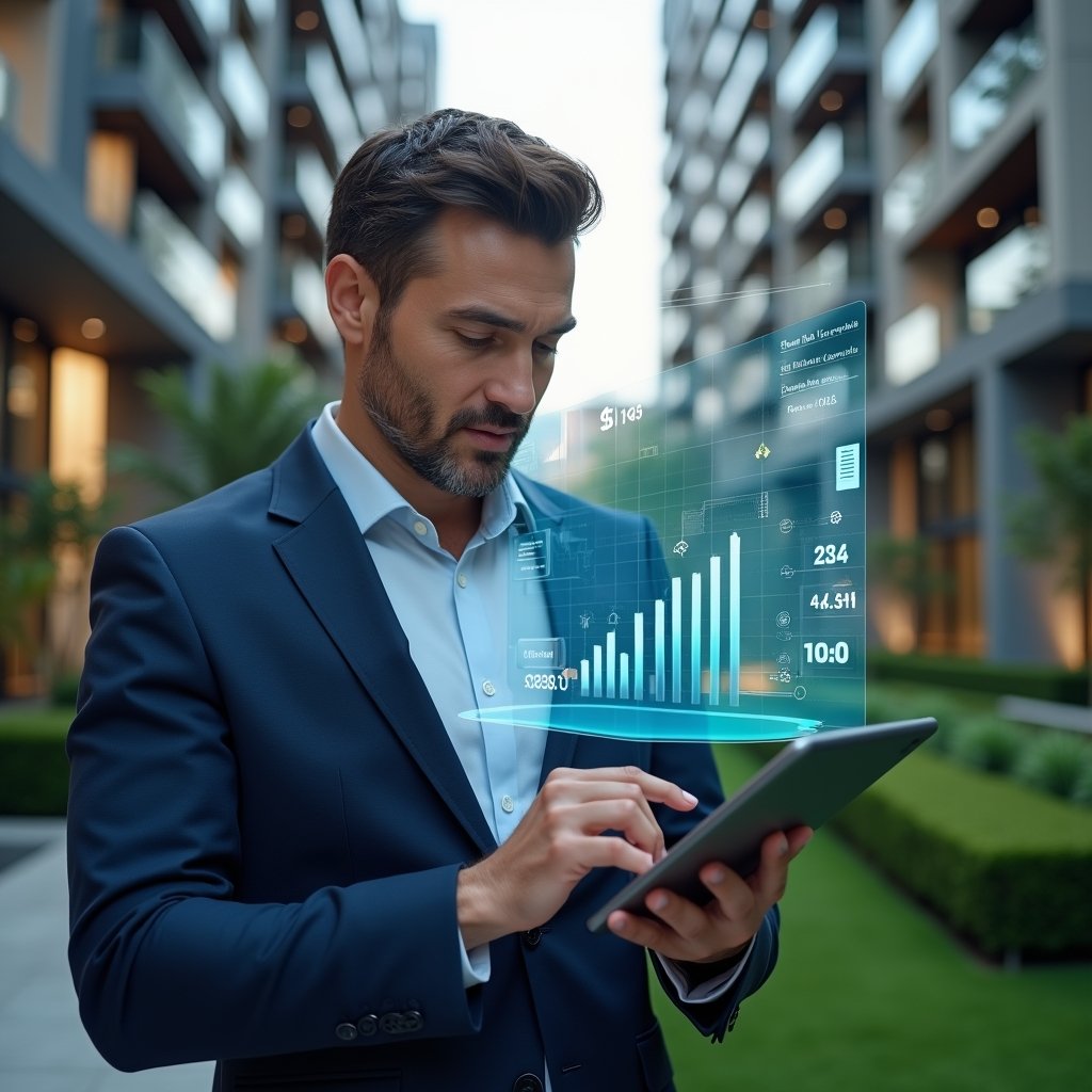 (Ultra-realistic condominium manager in a tailored navy-blue suit, set in a modern luxury condominium environment with high-rise buildings and manicured green landscaping, examining a holographic financial report chart while tapping on a sleek tablet, floating icons of receipts, calculators and currency symbols surrounding them, confident and focused expression, cinematic lighting, shallow depth of field, highly detailed textures, realistic skin, photographic realism, 8k resolution --ar 1:1 --v 6)