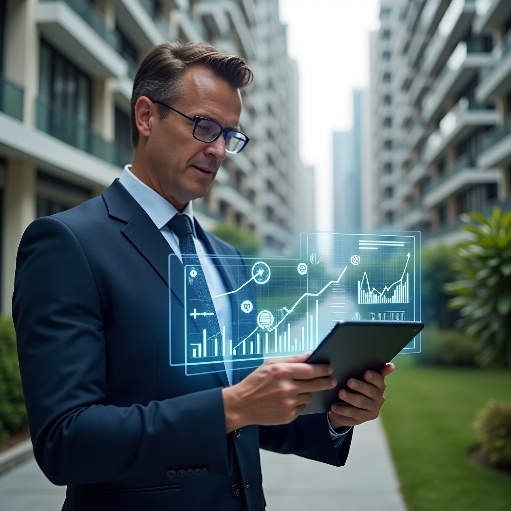 (Ultra-realistic condominium manager in a navy blue suit, set in a modern luxury condominium environment with high-rise buildings and meticulously landscaped gardens, holding a tablet displaying holographic financial charts and expense icons, confidently reviewing budgets step by step, symbolic floating holograms of coins and graphs around them, cinematic lighting, shallow depth of field, highly detailed textures, realistic skin, photographic realism, 8k resolution --ar 1:1 --v 6)