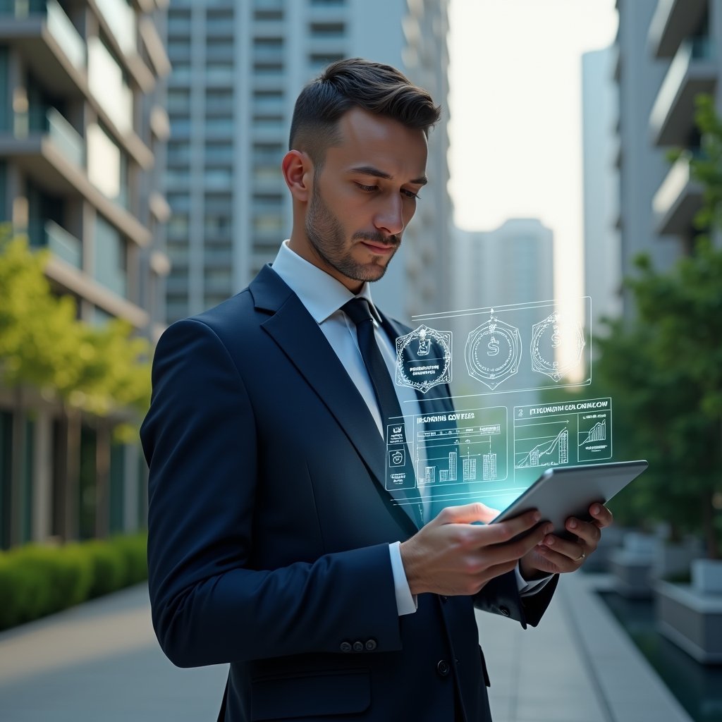 Ultra-realistic condominium manager in a navy tailored suit, set in a modern luxury condominium environment with high-rise buildings and lush green landscaping, holding a digital tablet displaying holographic expense charts and approval workflows, reviewing categorized financial data with a focused, confident expression, floating icons of budget categories and approval stamps around, cinematic lighting, shallow depth of field, highly detailed textures, realistic skin, photographic realism, 8k resolution --ar 1:1 --v 6