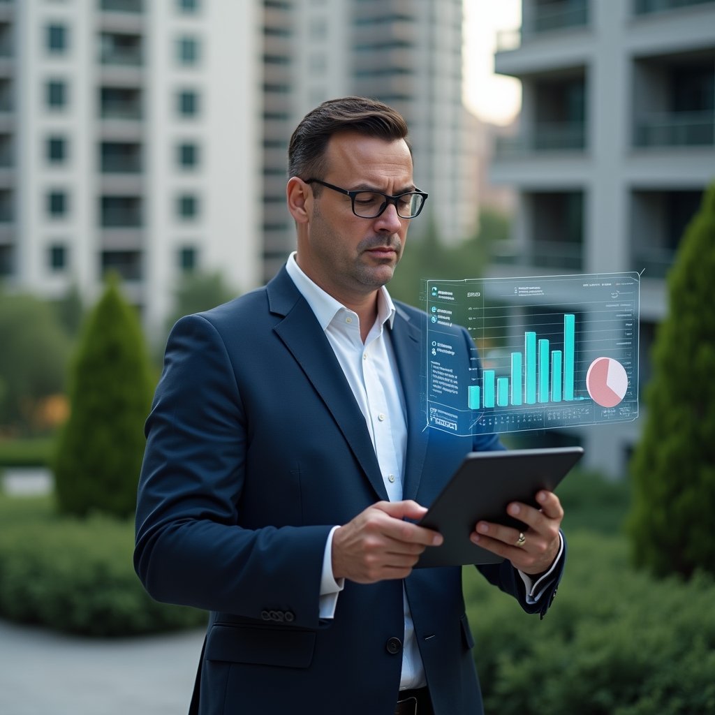 Ultra-realistic condominium manager in a tailored navy suit, set in a modern luxury condominium environment with high-rise buildings and manicured green landscaping, holding a tablet and analyzing digital financial reports, a holographic pie chart and currency icons floating nearby to symbolize expense control, confident and focused expression, cinematic lighting, shallow depth of field, highly detailed textures, realistic skin, photographic realism, 8k resolution --ar 1:1 --v 6