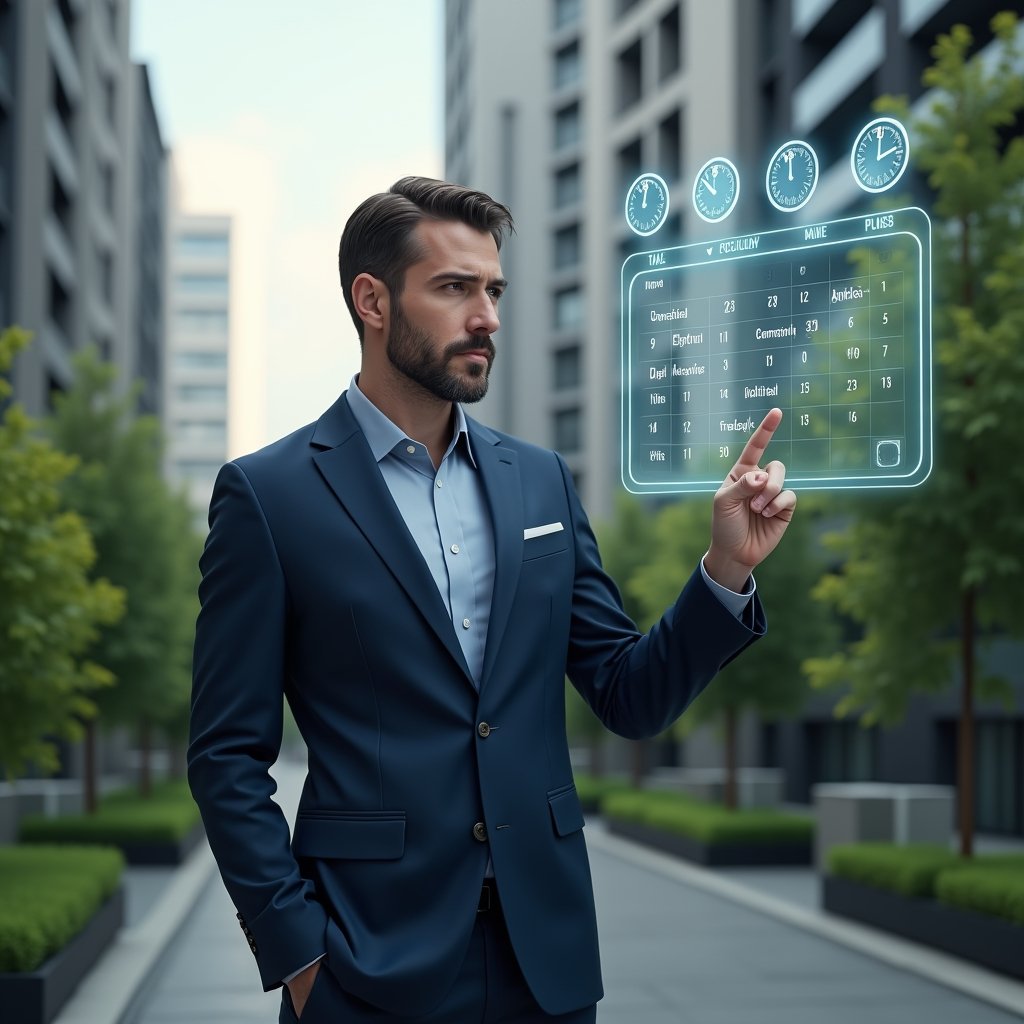 (Ultra-realistic condominium manager in a navy blue suit, set in a modern luxury condominium environment with high-rise buildings and meticulously manicured green landscaping, pointing at a floating holographic task calendar with marked deadlines, holographic icons of clocks and checkmarks surrounding the calendar, confident and focused expression, cinematic lighting, shallow depth of field, highly detailed textures, realistic skin, photographic realism, 8k resolution --ar 1:1 --v 6)