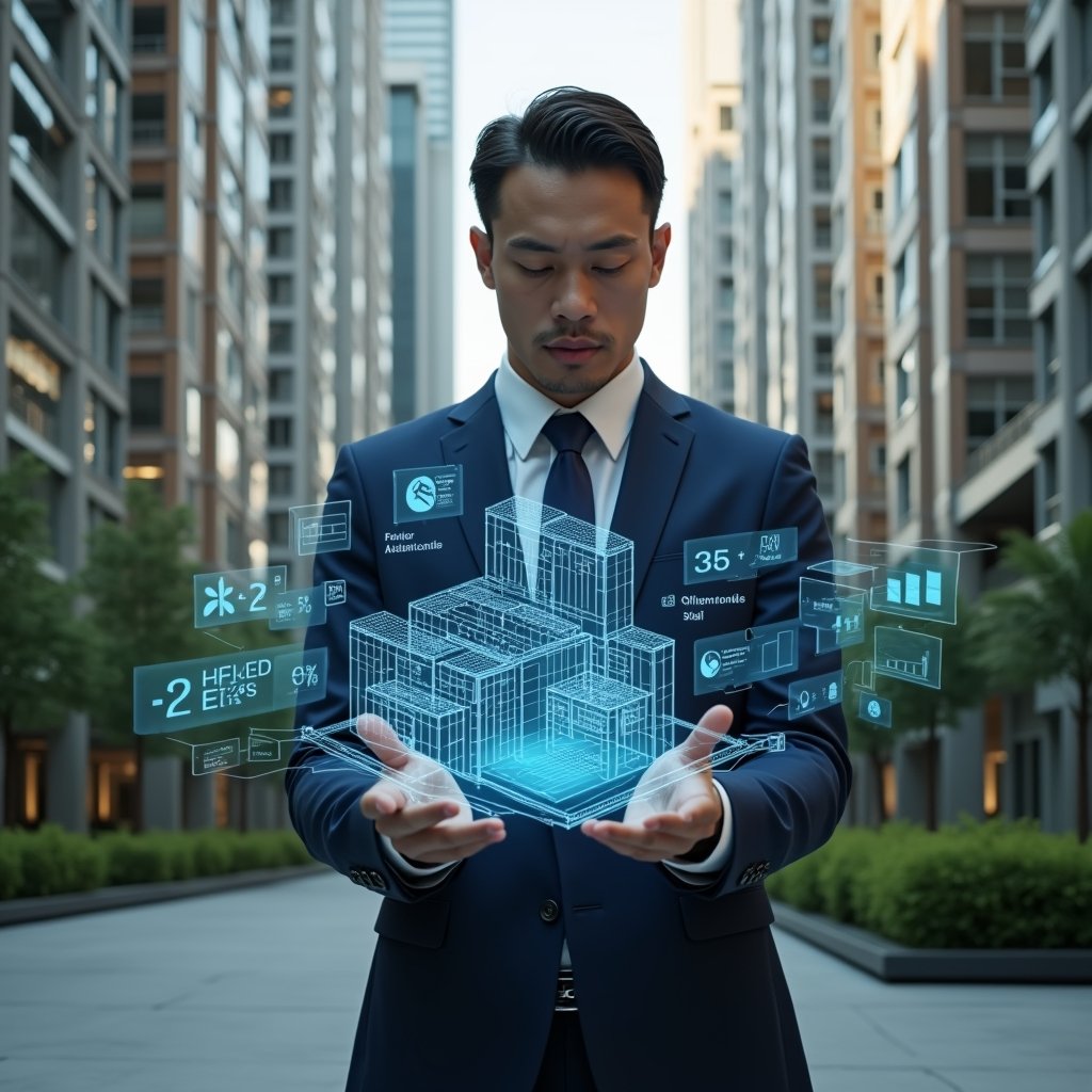 Ultra-realistic condominium manager in a navy tailored suit, set in a modern luxury condominium environment with high-rise buildings and manicured greenery, standing in a mid shot while examining a floating holographic diagram of building floor plans and percentage fractions, holographic icons of charts and calculators beside him, confident and focused expression, cinematic lighting, shallow depth of field, highly detailed textures, realistic skin, photographic realism, 8k resolution --ar 1:1 --v 6