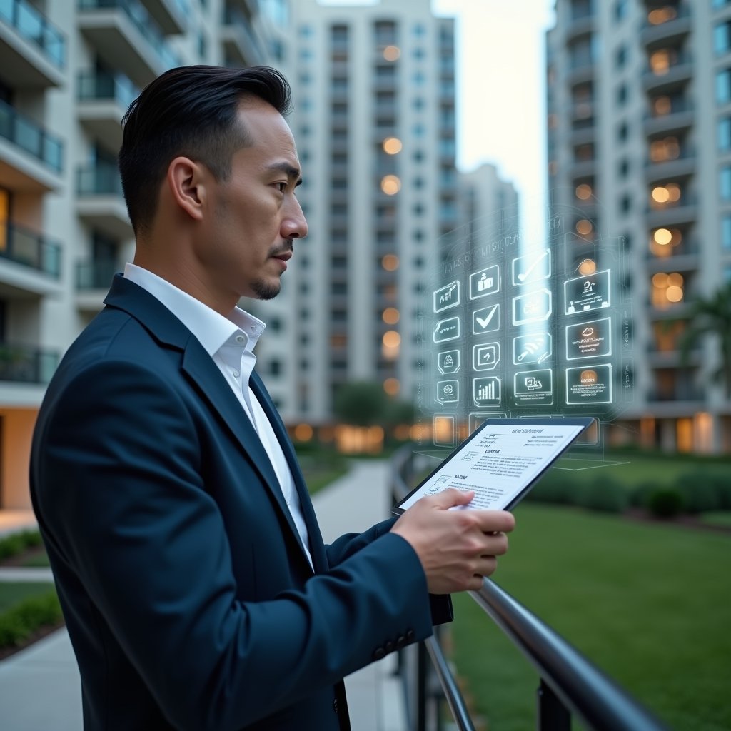 Ultra-realistic condominium manager in a navy suit, set in a modern luxury condominium environment with high-rise buildings and manicured green landscaping, examining a holographic financial report and checklist icons floating before them, thoughtful and confident expression, cinematic lighting, shallow depth of field, highly detailed textures, realistic skin, photographic realism, 8k resolution --ar 1:1 --v 6