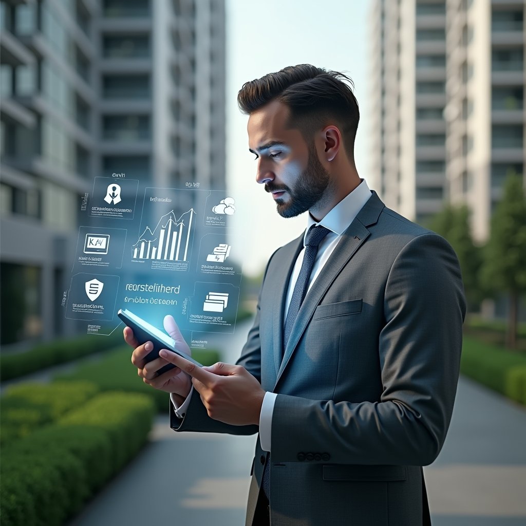 (Ultra-realistic condominium manager in a tailored gray suit, set in a modern luxury condominium environment with high-rise buildings and manicured green landscaping, analyzing a holographic digital interface displaying **condo management app** icons and performance charts, confident and focused expression, cinematic lighting, shallow depth of field, highly detailed textures, realistic skin, photographic realism, 8k resolution --ar 1:1 --v 6)