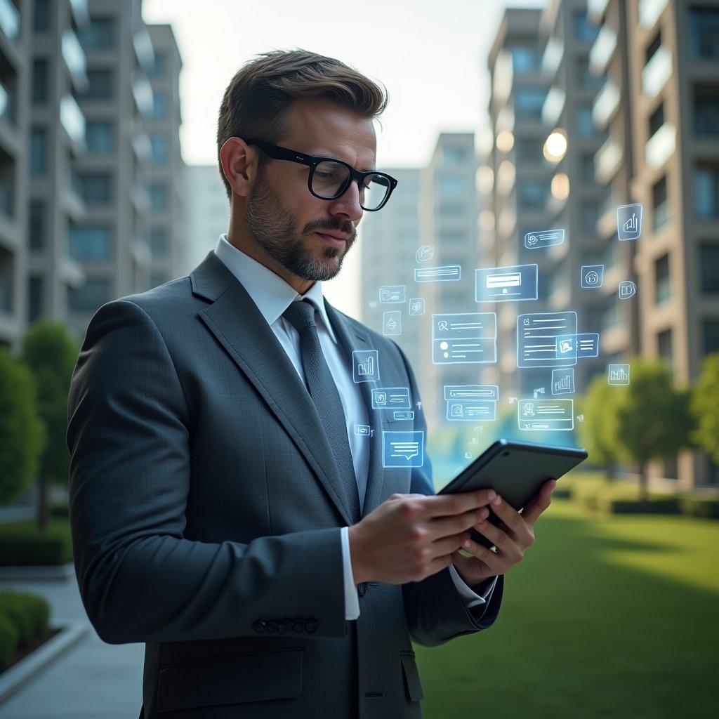 Ultra-realistic condominium manager in a charcoal gray tailored suit, set in a modern luxury condominium environment with high-rise buildings and manicured green landscaping, mid shot of the manager confidently examining a tablet projecting a holographic condominium management app interface, floating icons of graphs, checklists and support chat bubbles around them, cinematic lighting, shallow depth of field, highly detailed textures, realistic skin, photographic realism, 8k resolution --ar 1:1 --v 6