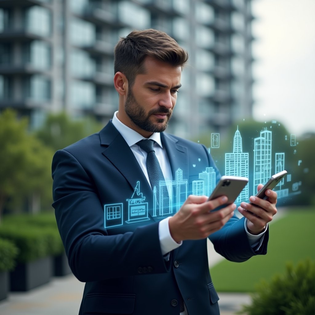 (Ultra-realistic condominium manager in a navy suit, set in a modern luxury condominium environment with high-rise buildings and lush green landscaping, examining a transparent holographic interface displaying app icons, financial charts and building layouts, confident and focused expression, floating condominium and mobile app holograms around, cinematic lighting, shallow depth of field, highly detailed textures, realistic skin, photographic realism, 8k resolution --ar 1:1 --v 6)